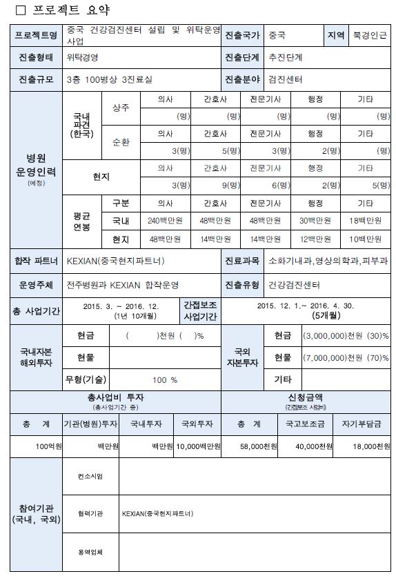 [2015년] 중국 건강검진센터 설립 및 위탁운영 사업(전주병원) 프로젝트 요약으로 상세내용 첨부파일 참조