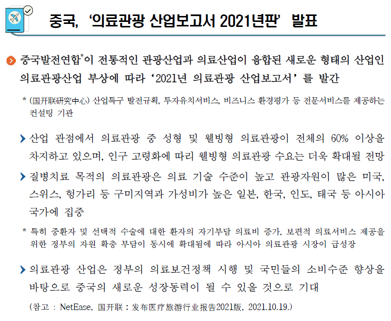 중국, '의료관광 산업보고서 2021년판' 발표입니다. 자세한 내용은 아래 글을 참고해주세요