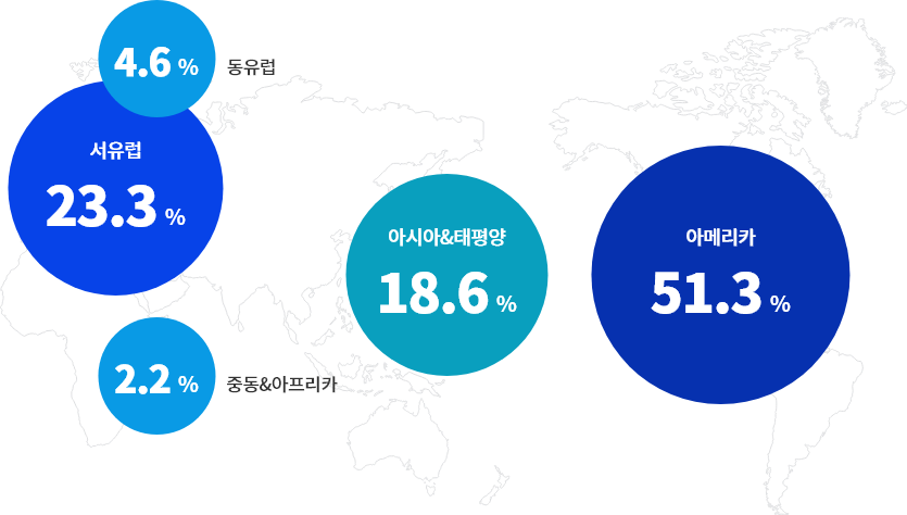 아메리카(51.3%), 아시아/태평양(18.6%), 동유럽(4.6.0%), 중동/아프리카(2.2%), 서유럽(23.3%)