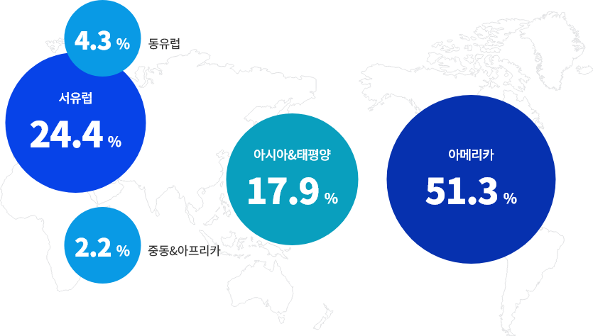 아메리카(51.3%), 아시아/태평양(17.9%), 동유럽(4.3%), 중동/아프리카(2.2%), 서유럽(24.4%)