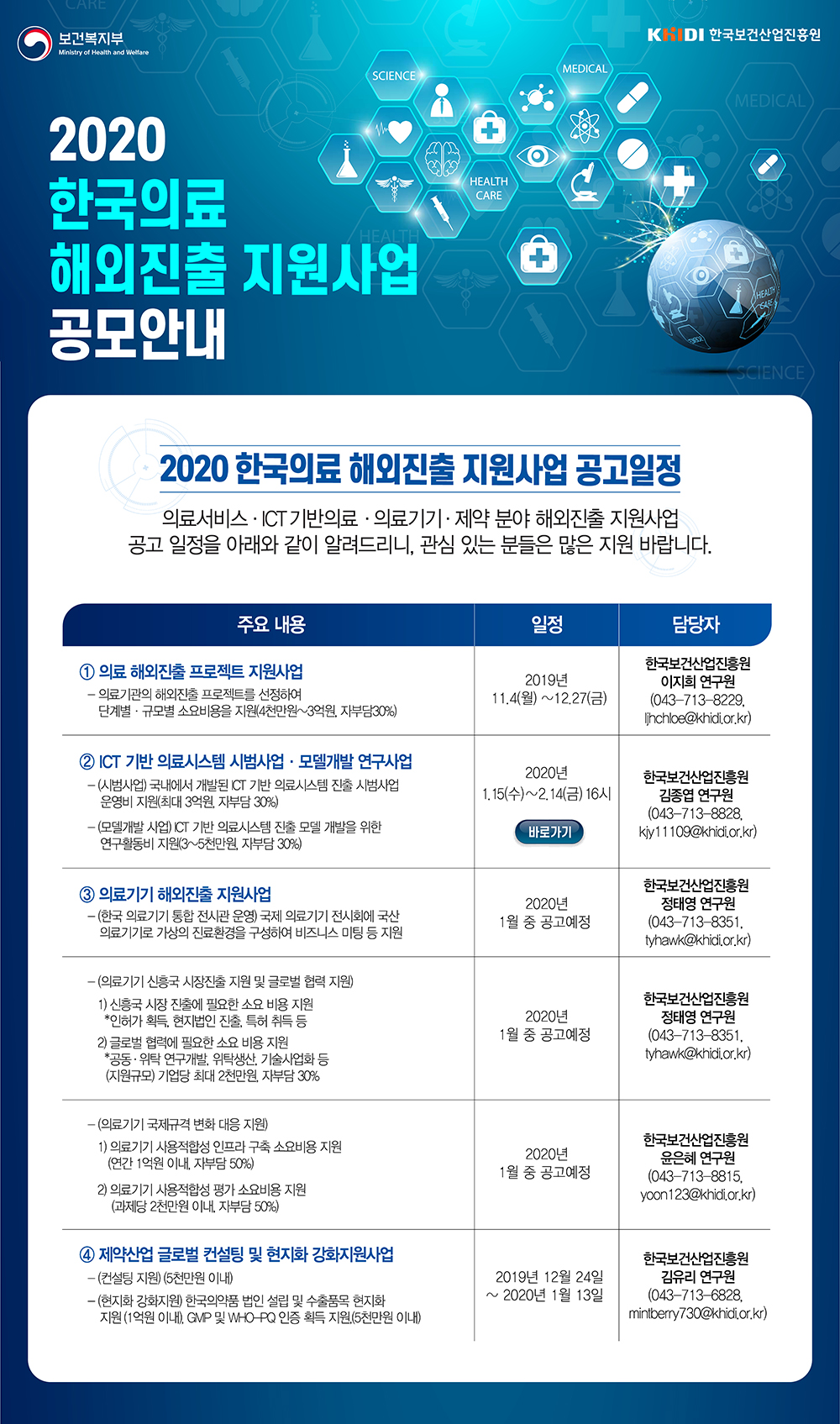 2020 한국의료 해외진출 지원사업 공모안내 - 자세한 내용은 첨부된 파일을 다운받아 확인해 주세요.