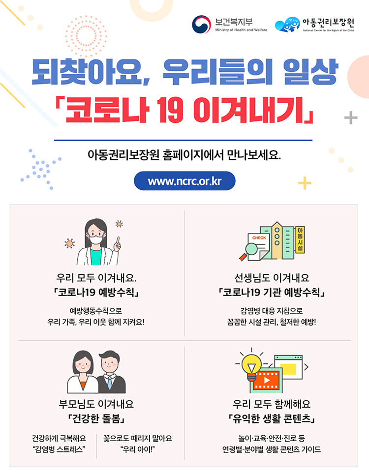 되찾아요, 우리들의 일상 「코로나19 이겨내기」 아동권리보장원 홈페이지에서 만나보세요. www.ncrc.or.kr 1.우리 모두 이겨내요. 코로나19 예방수칙. 예방행동수칙으로 우리가족, 우리 이수 함께 지켜요! 2.선생님도 이겨내요. 「코로나19 기관 예방수칙」 감염병 대응 지침으로 꼼꼼한 시설 관리, 철저한 예방! 3. 부모님도 이겨내요 「건강한 돌봄」 건강하게 극복해요 '감염병 스트레스' 꽃으로도 때리지 말아요 '우리 아이!' 4. 우리 모두 함께해요 「유익한 생활 콘텐츠」 놀이·교육·안전·진로 등 연령별·분야별 생활 콘텐츠 가이드