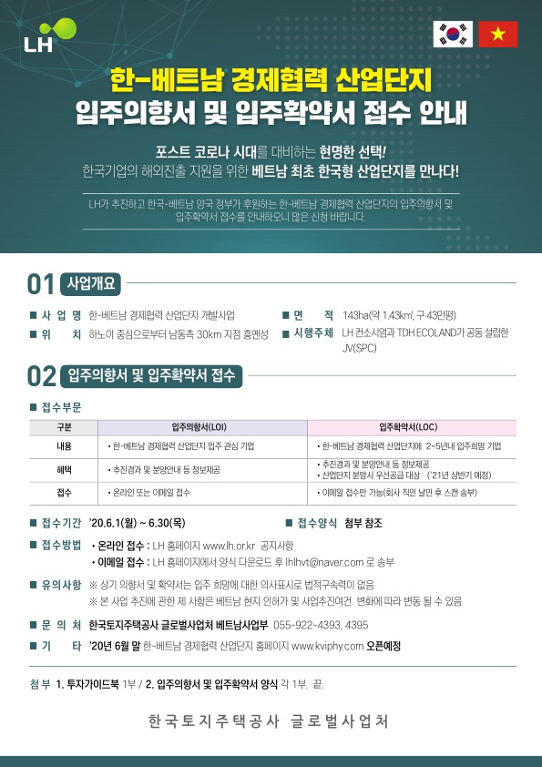 한베트남 경제협력 산업단지 입주의향서 및 입주확약서 접수 안내 포스트 코로나 시대를 대비하는 현명한 선택 한국기업의 해외진출 지원을 위한 베트남 최초 한국형 산업단지를 만나다 LH가 추진하고 한국 베트남 양국 정부가 후원하는 한베트남 경제협력 산업단지의 입주의향서 및 입주확약서 접수를 안내하오니 많은 신청바랍니다 접수기간 20년 6월1일부터 6월 30일까지 접수방법 온라인접수 LH홈페이지 www.lh.or.kr 공지사항 문의처 한국토지주택공사 글로벌사업처 베트남사업부 055 922 4393 4395