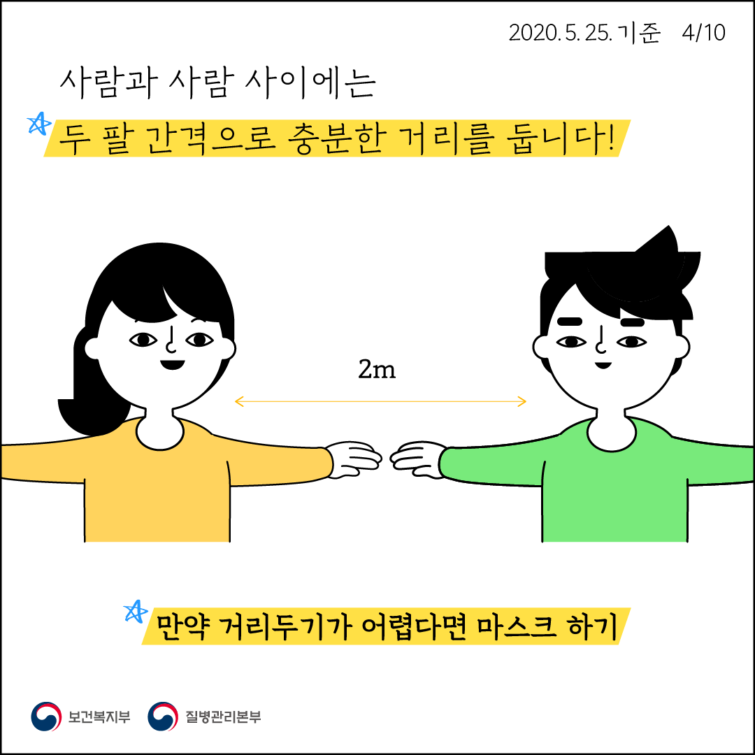 사람과 사람 사이에는 두 팔 간격으로 충분한 거리를 둡니다 만약 거리두기가 어렵다면 마스크 하기