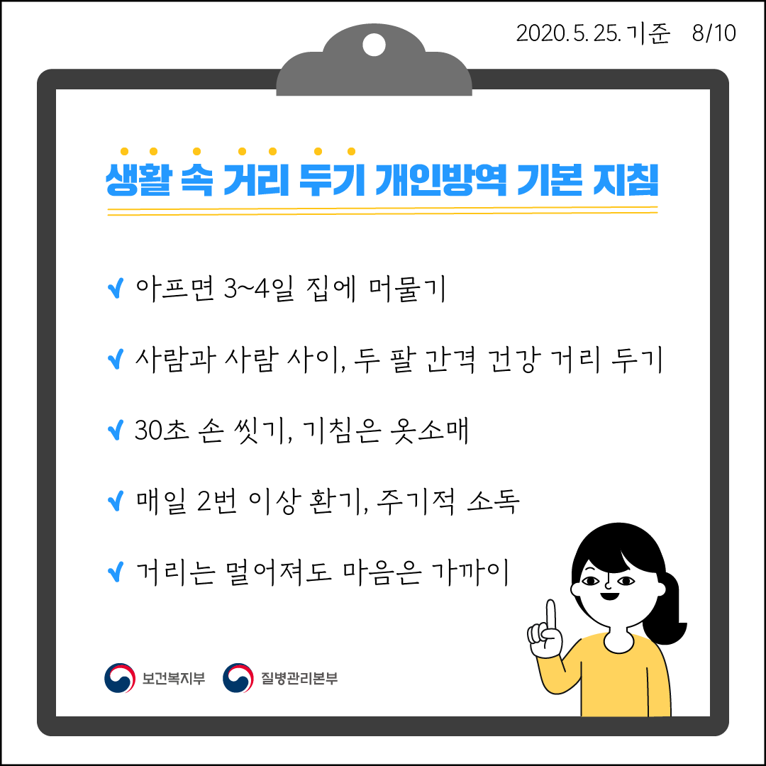 생활 속 거리 두기 개인방역 기본 지침 아프면 3~4일 집에 머물기 사람과 사람 사이 두 팔 간격 건강 거리 두기 30호 손 씻기 기침은 옷소매 맹리 2번 이상 환기 주기적 소독 거리는 멀어져도 마음은 가까이