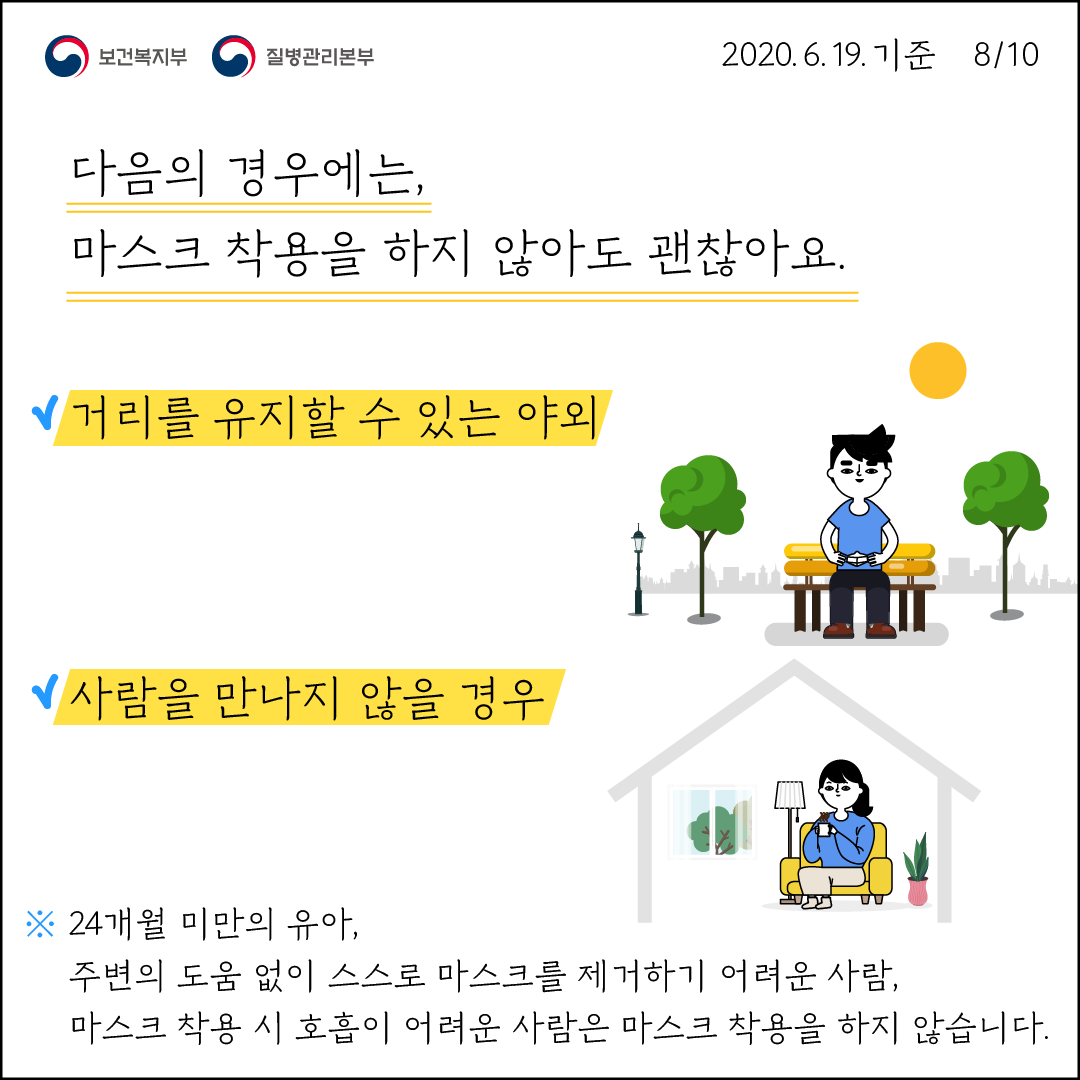 다음의 경우에는 마스크 착용을 하지 않아요 괜찮아요 거리를 유지할 수 있는 야외 사람을 만나지 않을 경우