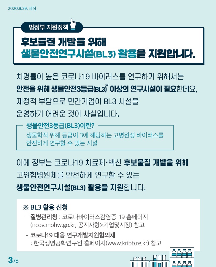 범정부 지원정책 후보물질 개발을 위해 생물안전연구시설BL3 활용을 지원합니다 치명률이 높은 코로나19 바이러스를 연구하기 위해서는 안전을 위해 생물안전3등급 BL3 이상의 연구시설이 필요한데요 재정적 부담으로 민간기업이 BL3 시설을 운영하기 어려운 것이 사실입니다 이에 정부는 코로나19 치료제 백신 후보물질 개발을 위해 고위험병원체를 안전하게 연구할 수 있는 생물안전연구시설 BL3 활용을 지원합니다