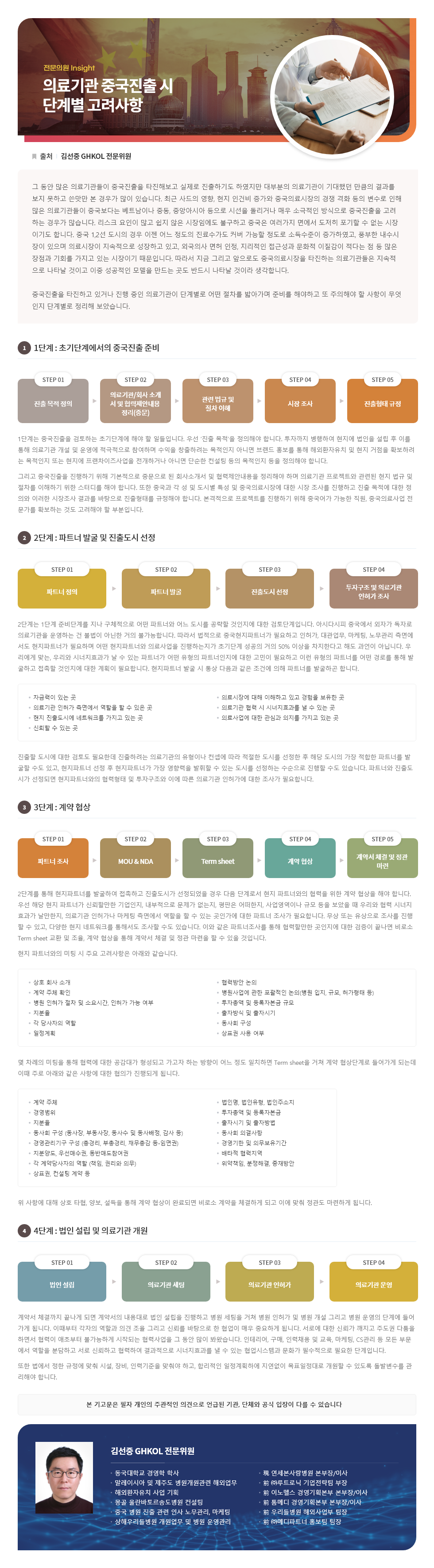 의료기관 중국진출 시 단계별 고려사항 기고문 이미지 입니다. 자세한 내용은 첨부파일을 참고해주세요.