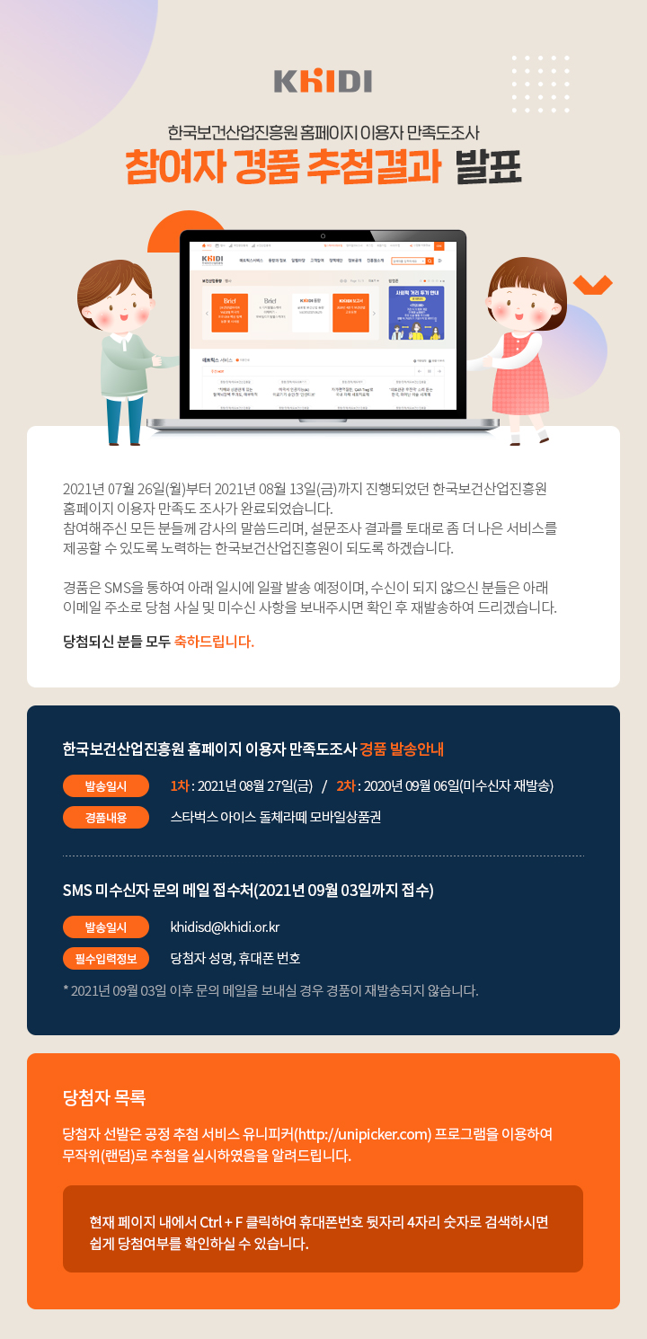 한국보건산업진흥원 홈페이지 이용자 만족도 조사 참여자 경품 추첨결과 발표