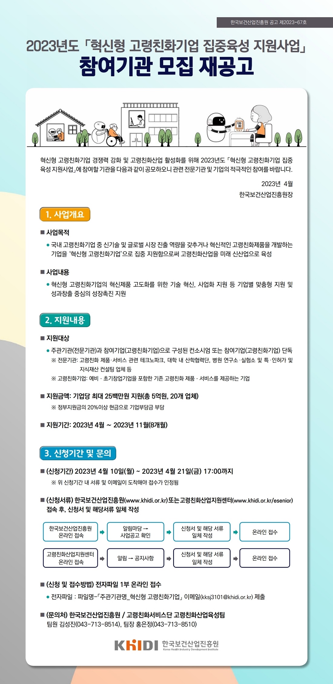 혁신형 고령친화기업 경쟁력 강화 및 고령친화산업 활성화를 위해 2023년도 「혁신형 고령친화기업 집중 육성 지원사업」에 참여할 기관을 다음과 같이 공모하오니 관련 전문기관 및 기업의 적극적인 참여를 바랍니다. 2023년 4월 한국보건산업진흥원장 1. 사업개요 사업목적 국내 고령친화기업 중 신기술 및 글로벌 시장 진출 역량을 갖추거나 혁신적인 고령친화제품을 개발하는 기업을 ‘혁신형 고령친화기업’으로 집중 지원함으로써 고령친화산업을 미래 신산업으로 육성 사업내용 혁신형 고령친화기업의 혁신제품 고도화를 위한 기술 혁신, 사업화 지원 등 기업별 맞춤형 지원 및 성과창출 중심의 성장촉진 지원 2. 지원내용 지원대상 주관기관(전문기관)과 참여기업(고령친화기업)으로 구성된 컨소시엄 또는 참여기업(고령친화기업) 단독 전문기관: 고령친화 제품·서비스 관련 테크노파크, 대학 내 산학협력단, 병원 연구소 ·실험소 및 특 ·인허가 및 지식재산 컨설팅 업체 등 고령친화기업: 예비ㆍ초기창업기업을 포함한 기존 고령친화 제품ㆍ서비스를 제공하는 기업 지원금액: 기업당 최대 25백만원 지원(총 5억원, 20개 업체) 정부지원금의 20%이상 현금으로 기업부담금 부담 지원기간: 2023년 4월 ∼ 2023년 11월(8개월) 3. 신청기간 및 문의 (신청기간) 2023년 4월 10일(월) ~ 2023년 4월 21일(금) 17:00까지 위 신청기간 내 서류 및 이메일이 도착해야 접수가 인정됨 (신청서류) 한국보건산업진흥원(www.khidi.or.kr) 또는 고령친화산업지원센터(www.khidi.or.kr/esenior) 접속 후, 신청서 및 해당서류 일체 작성 한국보건산업진흥원 온라인 접속 알림마당 → 사업공고 확인 신청서 및 해당 서류 일체 작성 온라인 접수 고령친화산업지원센터 온라인 접속 알림 → 공지사항 신청서 및 해당 서류 일체 작성 온라인 접수 (신청 및 접수방법) 전자파일 1부 온라인 접수 전자파일 : 파일명-「주관기관명_혁신형 고령친화기업」 이메일(kksj3101@khidi.or.kr) 제출 (문의처) 한국보건산업진흥원 / 고령친화서비스단 고령친화산업육성팀 팀원 김성진(043-713-8514), 팀장 홍은정(043-713-8510) 