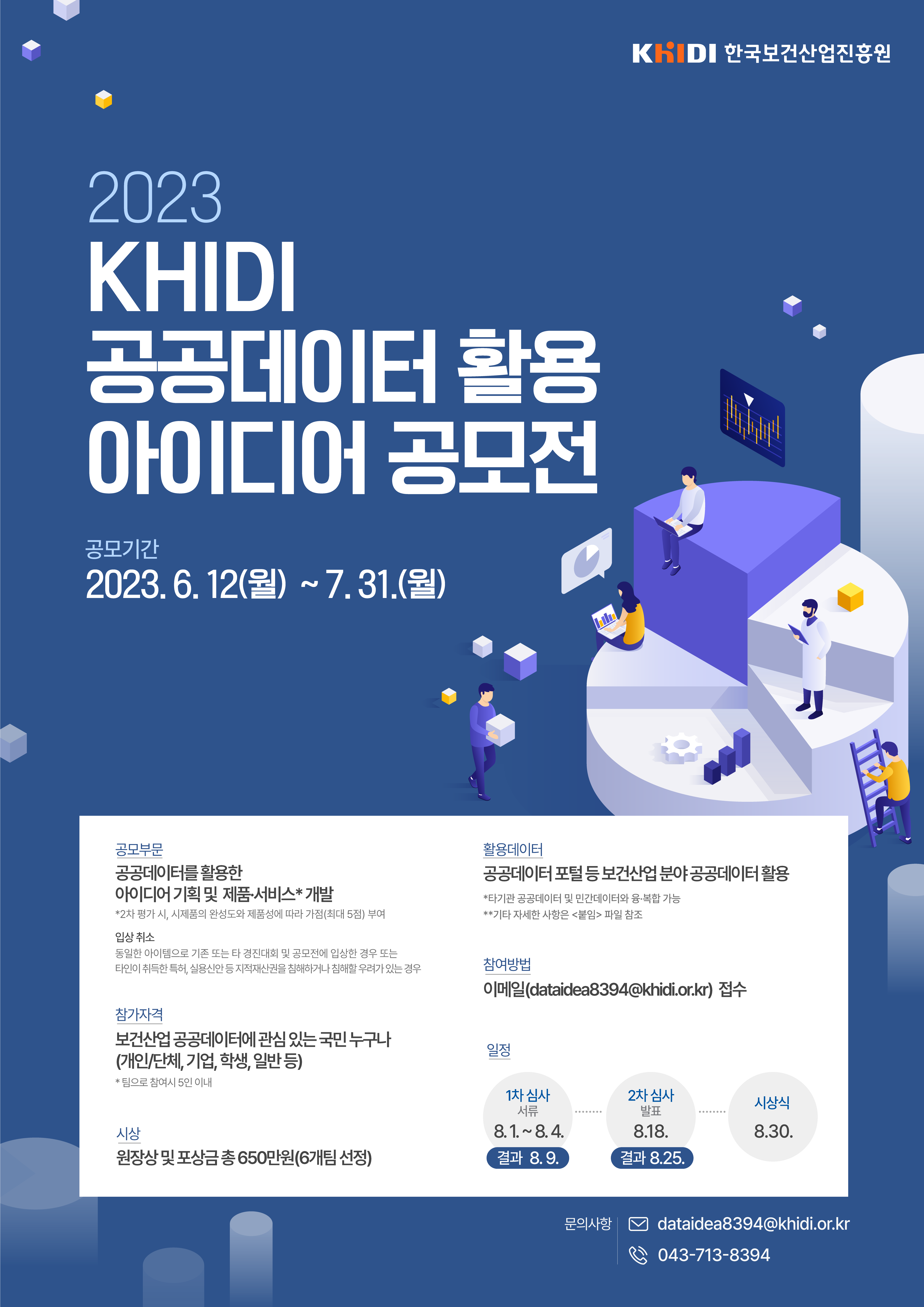 2023 KHIDI 공공데이터 활용 아이디어 공모전 신청기간 2023.6.12(월)~7.31(월) 주최 및 주관 한국보건산업진흥원 공모부문 공공데이터를 활용한 창의적 아이디어 기획 및 제품·서비스 개발 활용데이터 공공데이터 포털 등 보건산업분야 공공데이터 활용 참가자격 보건산업 공공데이터에 관심 있는 국민 누구나 참여방법 이메일 접수 시상 6개팀 선정 원장상 및 포상금 총 650만원 일정 1차심사 8.1~8.4, 결과발표 8.9 2차심사 8.18, 결과발표 8.25 시상식 8.30 접수 및 문의사항 dataidea8394@khidi.or.kr, 043-713-8394