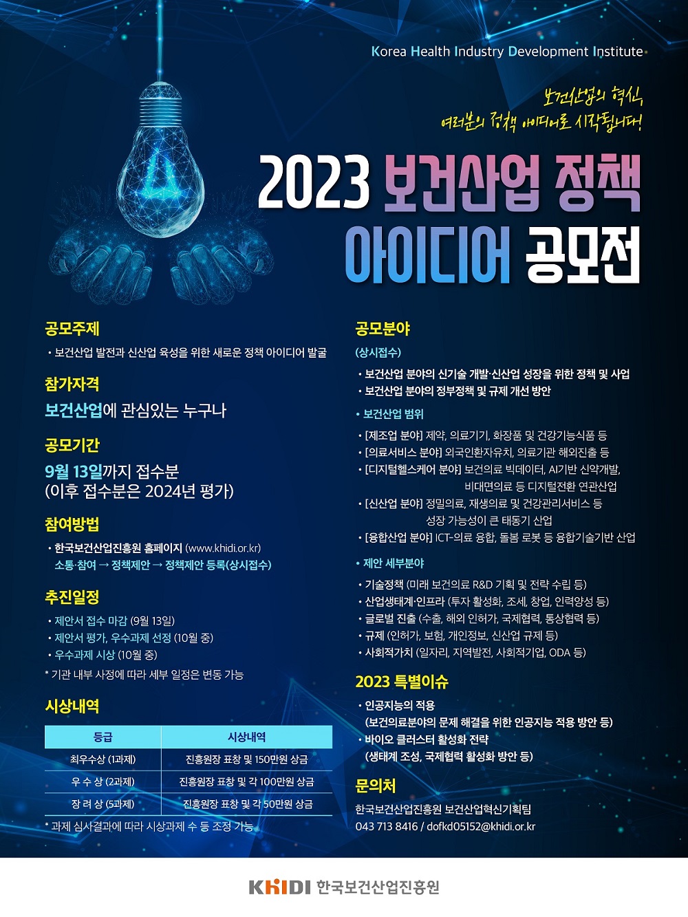 보건산업의 혁신, 여러분의 정책 아이디어로 시작됩니다! 2023 보건산업 정책 아이디어 공모전 개최 공모주제 보건산업 발전과 신산업 육성을 위한 새로운 정책 아이디어 발굴 참가자격 보건산업에 관심있는 누구나 공모기간9월 13일까지 접수분 (이후 접수분은 2024년 평가) 공모분야 (상시접수)보건산업 분야의 신기술․신산업 성장을 위한 정책 및 사업보건산업 분야의 정부정책 및 규제 개선 방안 (2023 특별이슈)인공지능의 적용 (보건의료분야의 문제 해결을 위한 인공지능 적용 방안 등) 바이오 클러스터 (생태계 조성, 국제협력 활성화 방안 등) 문의 한국보건산업진흥원 보건산업혁신기획팀 (043-713-8416/ dofkd05152@khidi.or.kr)