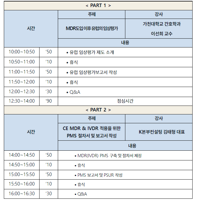 유럽 MDR 임상평가 및 PMS 세미나 개최 안내(12.11(월), 호텔인터불고 원주) < 전체>기관별 교육·행사>알림마당-의료기기산업정보... 