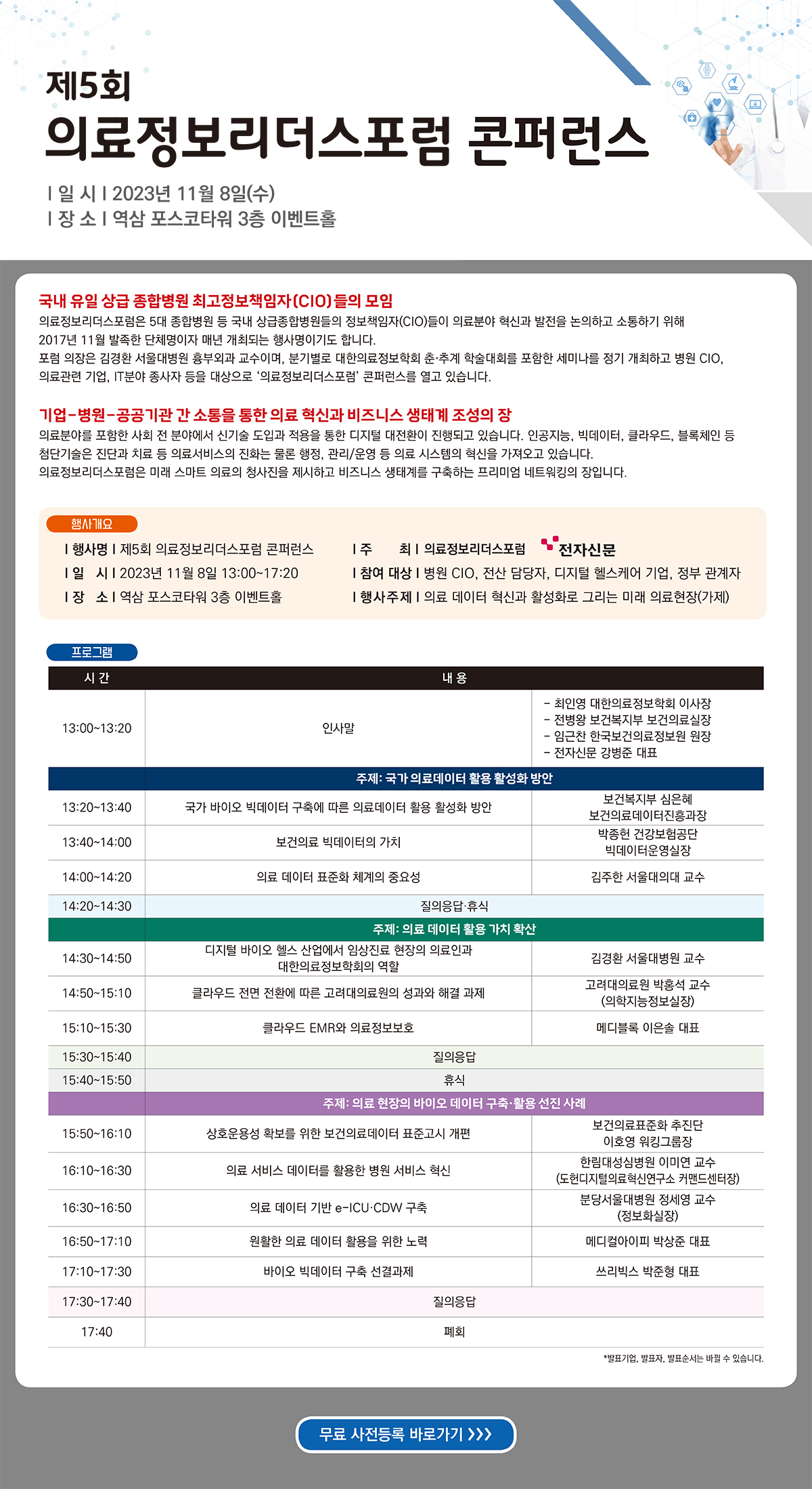 제5회의료정보리더스포럼콘퍼런스2023년11월8일수요일13시부터15시20분까지역삼포스코타워3층이벤트홀행사주제의료데이터혁신과활성화로그리는미래의료현장