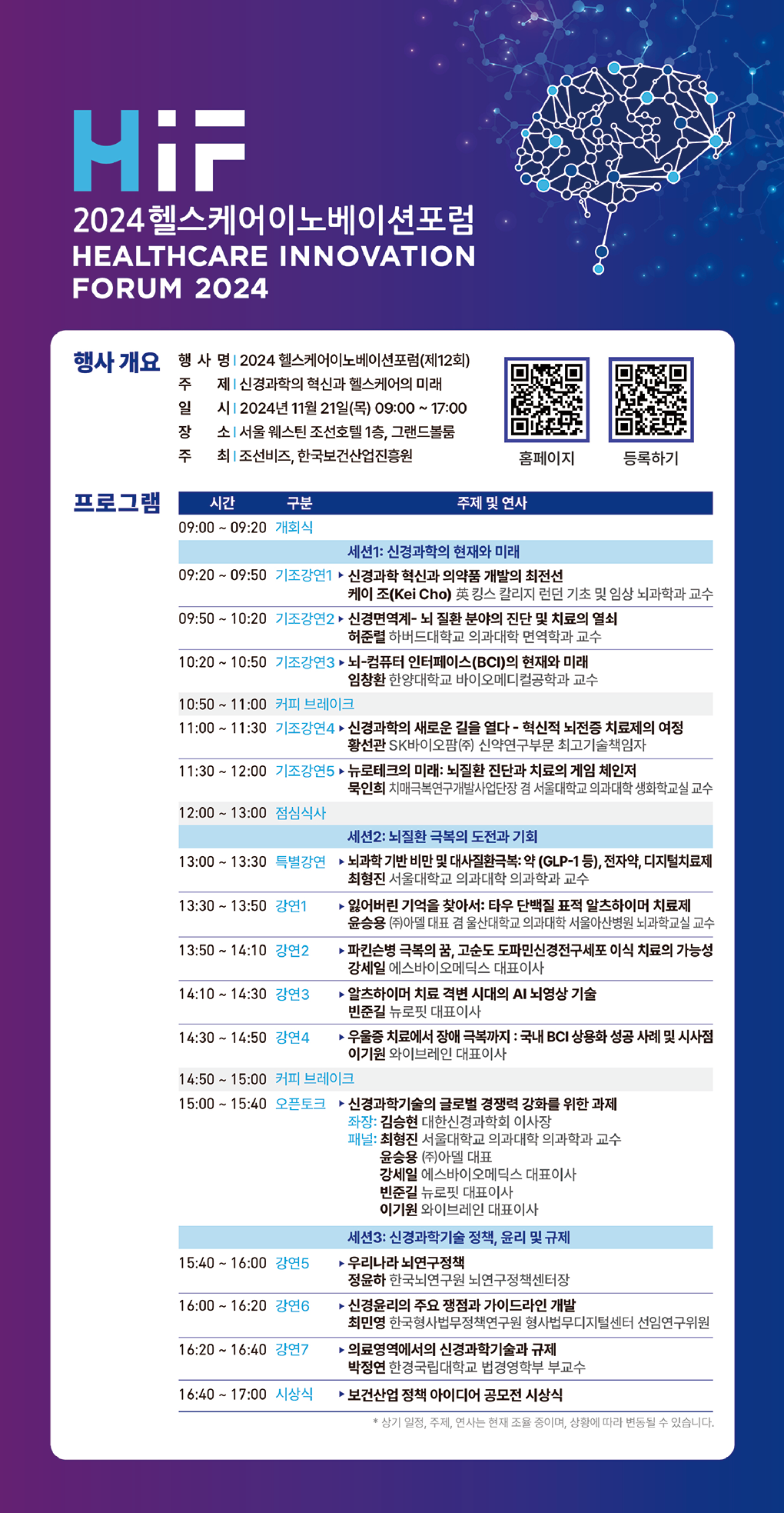 2024 헬스케어 이노베이션 포럼 제12회 신경과학의 혁신과 헬스케어의 미래 2024년 11월 21일 목요일 9시부터 17시까지 서울 웨스틴 조선호텔 1층 그랜드볼룸
