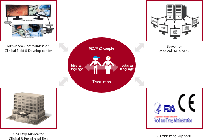 MD/PhD couple, Translation(Medical lnguage / Technical language) - Server for Medical DATA bank, Certificating Supports, One stop service for Clinical & Pre-clinical Test, Network & Communication Clinical Field & Develop center