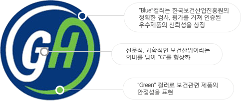 "Blue"컬러는 한국보건산업진흥원의 정확한 검사, 평가를 거쳐 인증된 우수제품의 신뢰성을 상징, 전문적, 과학적인 보건산업이라는 의미를 담아 "G"를 형상화, "Green" 컬러로 보건관련 제품의 안정성을 표현