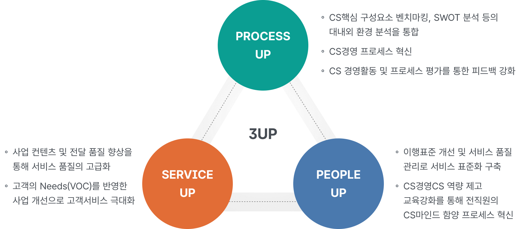 원형 도형 안에 '고객 가치 실현'이라는 제목과 '사업컨텐츠 품질향상 등 고객에게 가치있는 서비스 제공'이라는 문구가 적혀 있는 CS 비전 이미지
