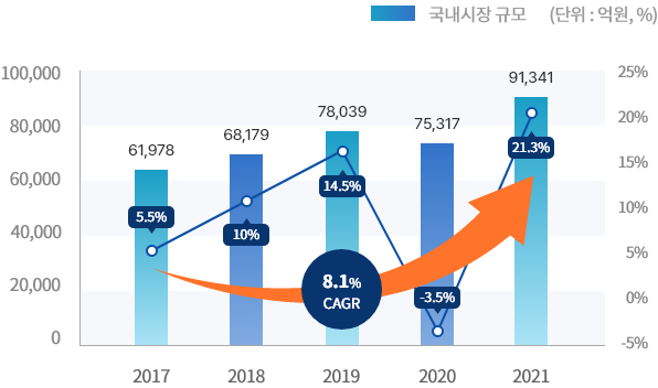 국내시장 규모(단위 : 억원 %) / 2017년 5.5%(61,978), 2018년 10%(68,179), 2019년 14.5%(78,039), 2020년 -3.5%(75,317), 2021년 21.3%(91,341)