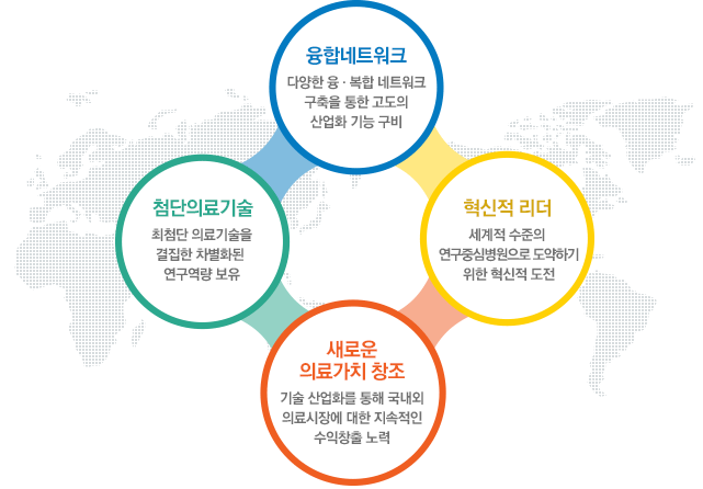 - 융합네트워크 : 다양한 융·복합 네트워크 구축을 통한 고도의 산업화 기능 구비, - 혁신적 리더 : 세계적 수준의 연구중심병원으로 도약하기 위한 혁신적 도전 / 
	새로운 의료가치 창조 : 기술 산업화를 통해 국내외 의료시장에 대한 지속적인 수익창출 노력, - 첨단의료기술 : 최첨단 의료기술을 결집한 차별화된 연구역량 보유